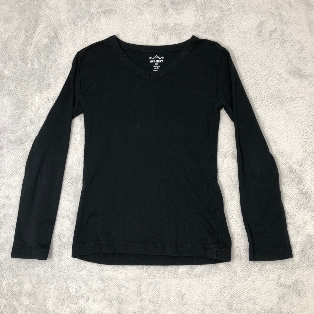 Old Navy Tee Girls Large 10-12 Black Long Sleeve V-Neck‎ Cotton Basic Layering